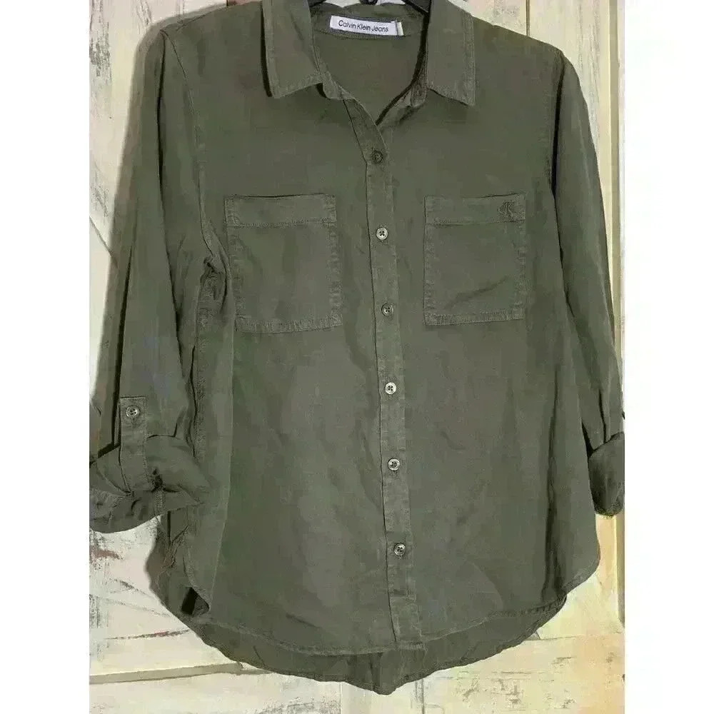 NWT 79$ Calvin Klein Jeans Woman Button Shirt‎ Light Denim Military Green Size M